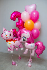 Wall Mural - Raspberry number 3, pink kitty and pink pony, pink and crimson balloons