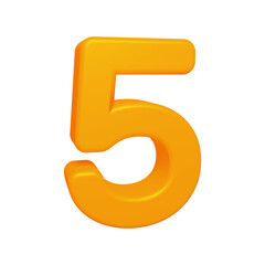 Orange number 5 in 3d rendering for math, business and education concept.