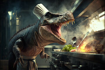 Canvas Print - Dinosaur with chef's hat is cooking in kitchen. Generative AI.