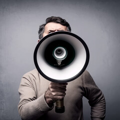 Poster - Man holding megaphone up to his face. Generative AI.