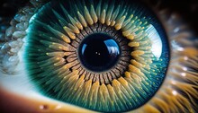  A Close Up Of A Human Eye With A Blue Iris And Yellow Iris In The Center Of The Iris, With A Black Background And White Border Around The Eye.  Generative Ai