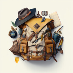 Wall Mural - Backpack with hat and other items surrounding it. Generative AI.