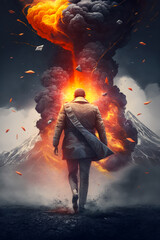 Canvas Print - man in trench coat walking away from volcano. generative ai.