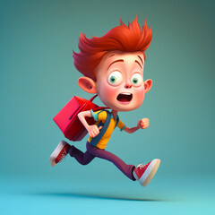 Poster - Cartoon boy running with bag on his back. Generative AI.