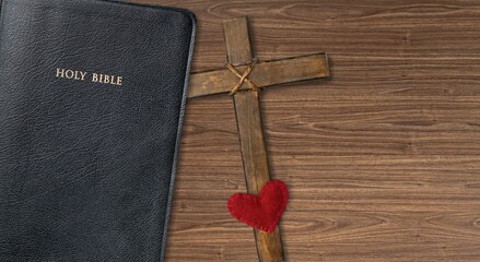 Poster - Holy Bible book on the wooden table with Cross