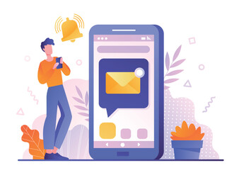 Poster - Man with message concept. Young guy with smartphone communicates on Internet, business correspondence and interaction with friends. Social networks and messengers. Cartoon flat vector illustration