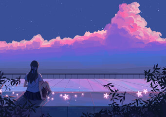 A girl by the tranquil river, gazing at the beautiful sky with fluffy clouds, serene atmosphere, perfect for relaxation and contemplation illustration captures the peace of a moment