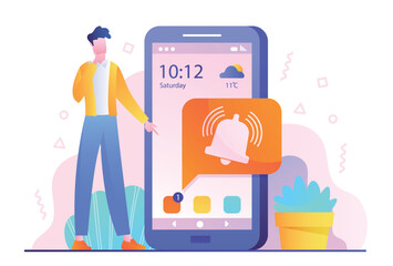 Poster - Notification on smartphone. Man looks at phone screen with applications and programs. Modern technologies and digital world. Push, reminder or alarm concept. Cartoon flat vector illustration