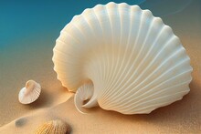 A Large Beautiful Exotic Seashell Lies On The Sand On An Exotic Beach, Generative AI