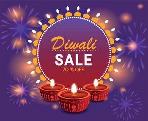 Wall Mural - Big sale diwali banner. Advertising graphic element for website. Special offer, bonuses and discounts. Holiday and festival, Indian traditions, culture and religion. Cartoon flat vector illustration