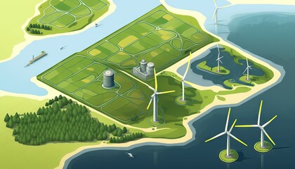 Wall Mural -  an aerial view of a wind farm with windmills and a lake in the foreground and a plane flying over the top of the picture.  generative ai