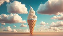 Cold Ice Cream Dessert On A Blue Sky Background With Clouds. Fabulous Illustration In The Clouds. Free Copy Space. Seasonal Backdrop For Company Advertisement. Generative AI. 
