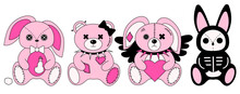 2000s Emo Girl Kawaii Bunny And Teddy Bear Sticker Set. Y2K, 90s Glamour Aestetic. Cartoon Character