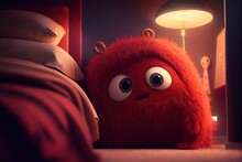 Cute Fluffy Red Monster Toy Creature Ball Looking, Generative Ai Hiding Character Design