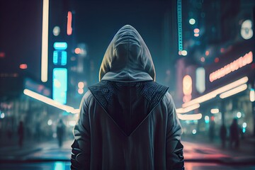 Person in hoodie in city of future, cyberpunk background. Man wearing hood, cyber hacker using ai to hack, neon lights outdoor generative ai