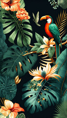 Wall Mural - Tropical pattern with rainforest plants and birds like leaves, fruits and flowers. Tropical wallpaper background. Natural light, pastel colors. Modern composition art. Generative AI.