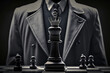 Manipulation, covert control, political games and shadow government concept with unrecognizable man in a suit standing against a chessboard with the king. Created with Generative AI technology.