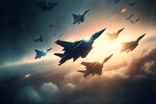 Formation Of Destroyer Jets Float In Sky During Aviation Battle. Neural Network Generated Art