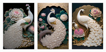 3d Mural Background White Peacock On Branch Wallpaper. With Flowers In Black Background	
