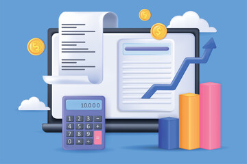 Aufkleber - Business financial report concept 3D illustration. Icon composition with digital tax form, data graphs and charts of growth, calculator. Audit and analysis. Vector illustration for modern web design