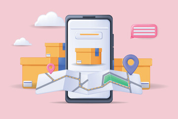 Aufkleber - Delivery tracking concept 3D illustration. Icon composition with parcel in mobile app, map with location and delivering boxes. Fast shipping application. Vector illustration for modern web design
