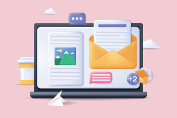 Aufkleber - Email service concept 3D illustration. Icon composition with letter in envelope and information document for mailing on computer screen, online communication. Vector illustration for modern web design