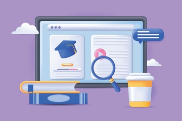 Aufkleber - Online education concept 3D illustration. Icon composition with education platform interface on computer display, books, graduation cap. E-learning courses. Vector illustration for modern web design