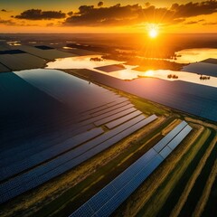 Sticker - Aerial view of a large, environmentally friendly electric power plant that uses numerous rows of solar photovoltaic panels to produce clean electricity, generative ai