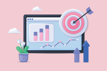 Poster - SEO development concept 3D illustration. Icon composition with data statistics, traffic and site performances on computer screen, growth arrows, target. Vector illustration for modern web design