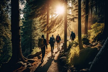 Hikers group on a trail through a forest (Ai generated)