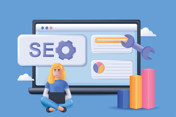Aufkleber - SEO concept 3D illustration. Icon composition with data statistics and optimization process on computer screen, growth charts, analyst working at laptop. Vector illustration for modern web design
