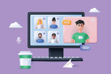 Aufkleber - Video conference concept 3D illustration. Icon composition with talking people in differents screens, online meeting for work briefing and distance teamwork. Vector illustration for modern web design