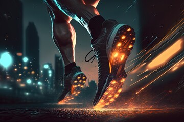 Wall Mural - An athlete running on the road in the city at night. Close up of his feet.  Concept: Trail running sport action and human challenge outdoors with fresh air.  Generative ai