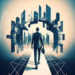 Sticker - Concept of business technology, At night, a professional businessman walks on a future network city background with a futuristic interface graphic in a cyberpunk color style, generative AI
