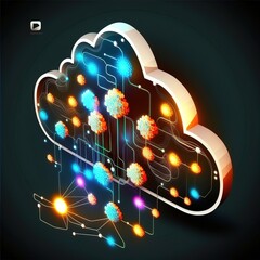 Poster - The concept of data transfer cloud computing technology. In the center, there is a large, prominent cloud icon with internal connections, generative ai