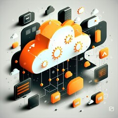 Poster - The concept of data transfer cloud computing technology. In the center, there is a large, prominent cloud icon with internal connections, generative ai