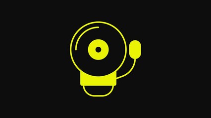 Sticker - Yellow Ringing alarm bell icon isolated on black background. Fire alarm system. Service bell, handbell sign, notification symbol. 4K Video motion graphic animation