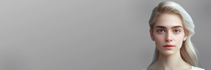 Portrait of a beautiful, ethereal, good-skin, pure look,  light-hair, young woman dressed in white dress in front of a grey background as a banner. Generative AI.