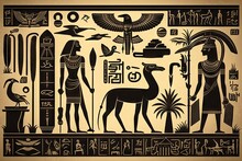 On The Walls And Columns, There Are Drawings And Hieroglyphs From Egypt. Language Of Egypt Ancient Gods And People's Lives Shown In Drawings And Hieroglyphs. Generative AI