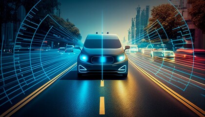Concept of an autonomous car sensor system for the safety of driverless mode car control. Adaptive cruise control in the future will detect neighboring vehicles and pedestrians. , Generative AI