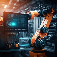 Poster - Industrial welding robots in a factory production line, generative ai