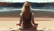 Finding Tranquility, A Woman Meditates by the Ocean. Generative AI
