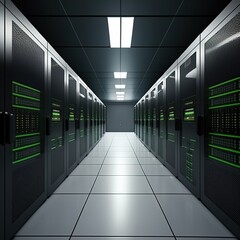 Canvas Print - Corridor in a functioning data center full of rack servers and supercomputers with high Internet connectivity, generative ai