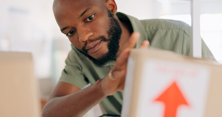 Poster - Logistics, inventory and small business man with boxes check stock on shelf for supply chain, ecommerce and distribution office management. Courier service worker search for cardboard package or mail