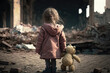 Lonely little girl with teddy bear on the ruins of a house after an earthquake, hurricane, flood, explosion, Generative AI