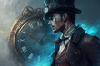 © Jannissimo - Old-fashioned steampunk man, giant clock with fast running hour hand, dial. Time travel concept, time traveller, steampunk style, Generative AI