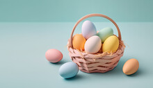 Horizontal Banner Festive Easter, Template Header For Website. Spring Festival. Easter Eggs In A Basket. Blue Background. Ai Generative