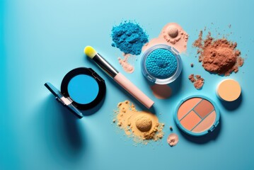 Wall Mural - Make up professional cosmetics on blue background. Powder, lipstick, shadow, brushes. Ai generative.