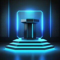 Sticker - Cylinder podium with blue neon lights on ring background. Concept of design for product display, generative ai