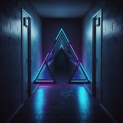 Poster - Hologram gateway. Portal to a magical fantasy world. A hologram-enhanced magic circle teleport podium. Design of abstract high-tech futuristic technologies . generative ai